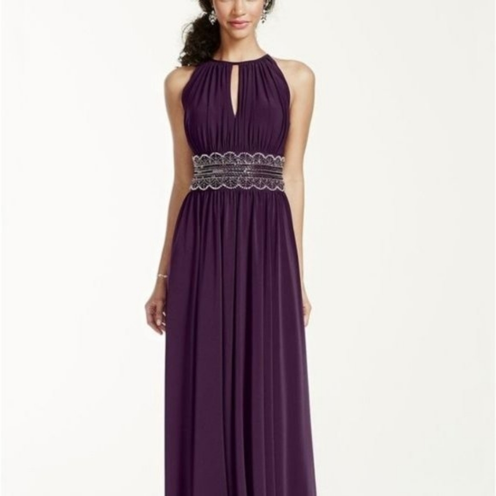 R&M Richards, David's Bridal eggplant maxi formal, bridesmaid, prom dress